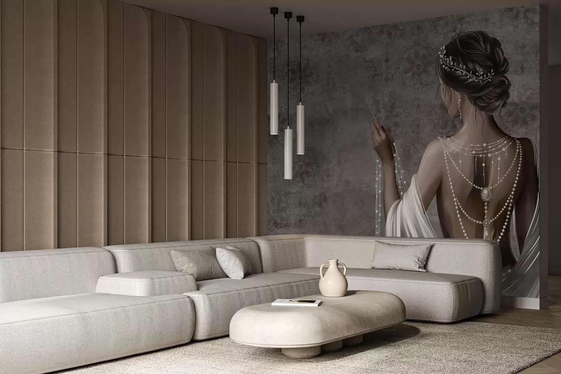 Fototapety Žena videná zo zadnej strany s perlami, sivé pozadie s kamenným vzorom w04854 - Uwalls.sk Fototapety Žena videná zo zadnej strany s perlami, sivé pozadie s kamenným vzorom w04854