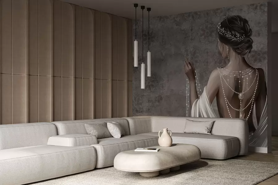 Fototapety Žena videná zo zadnej strany s perlami, sivé pozadie s kamenným vzorom w04854