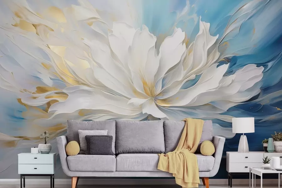 Fototapety Veľká biela pivonka v štýle olejomaľby na modro-žltom pozadí w09511