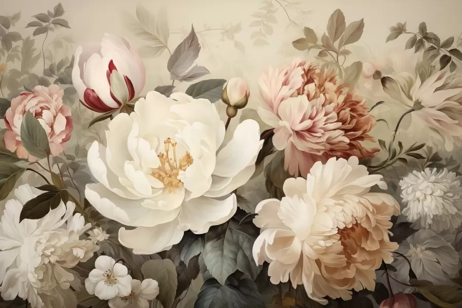 Fototapety Jemné pivonky a chryzantémy v pastelových odtieňoch w09350