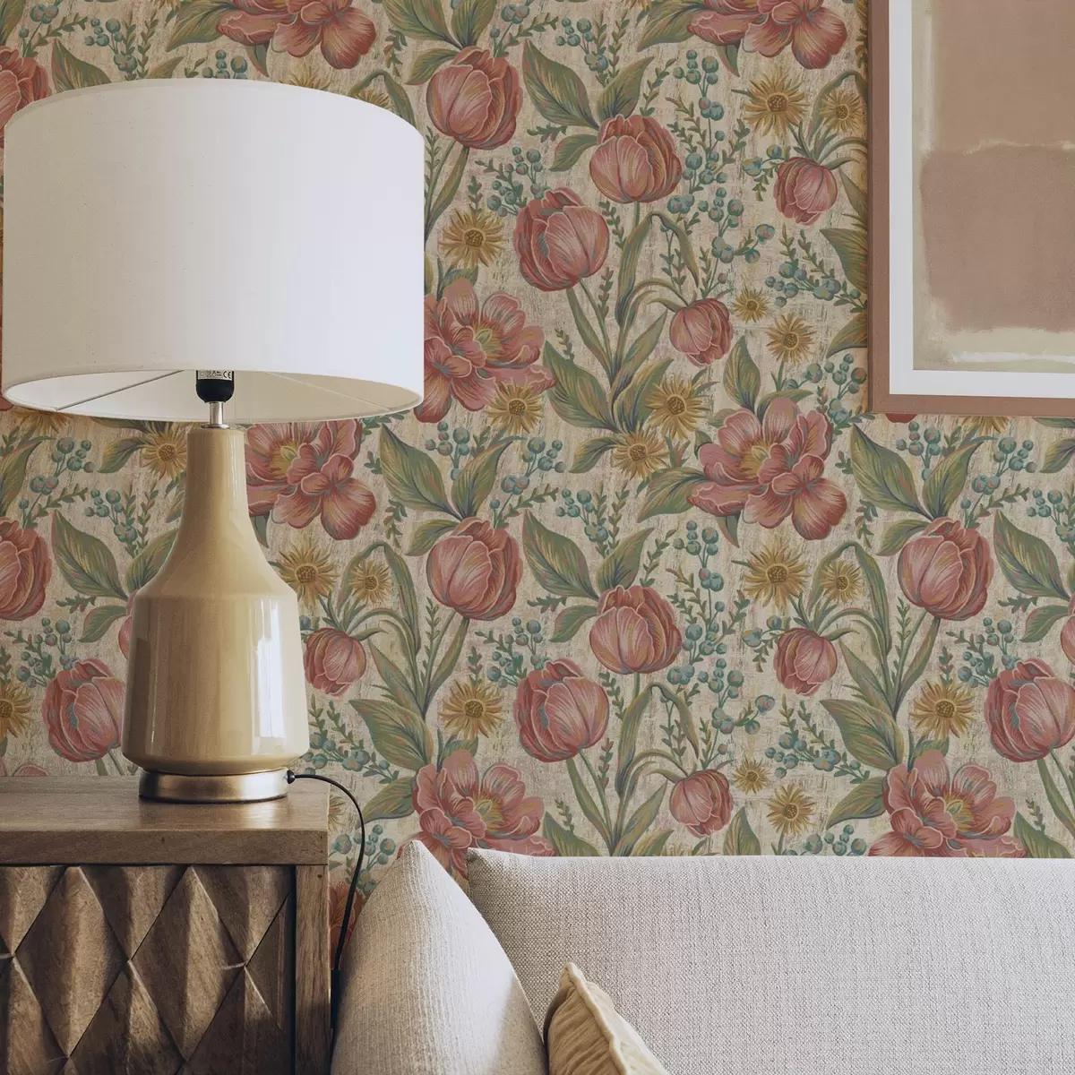 Tapety Vintage tulipány a astry, textúrovaný krémový podklad a00773