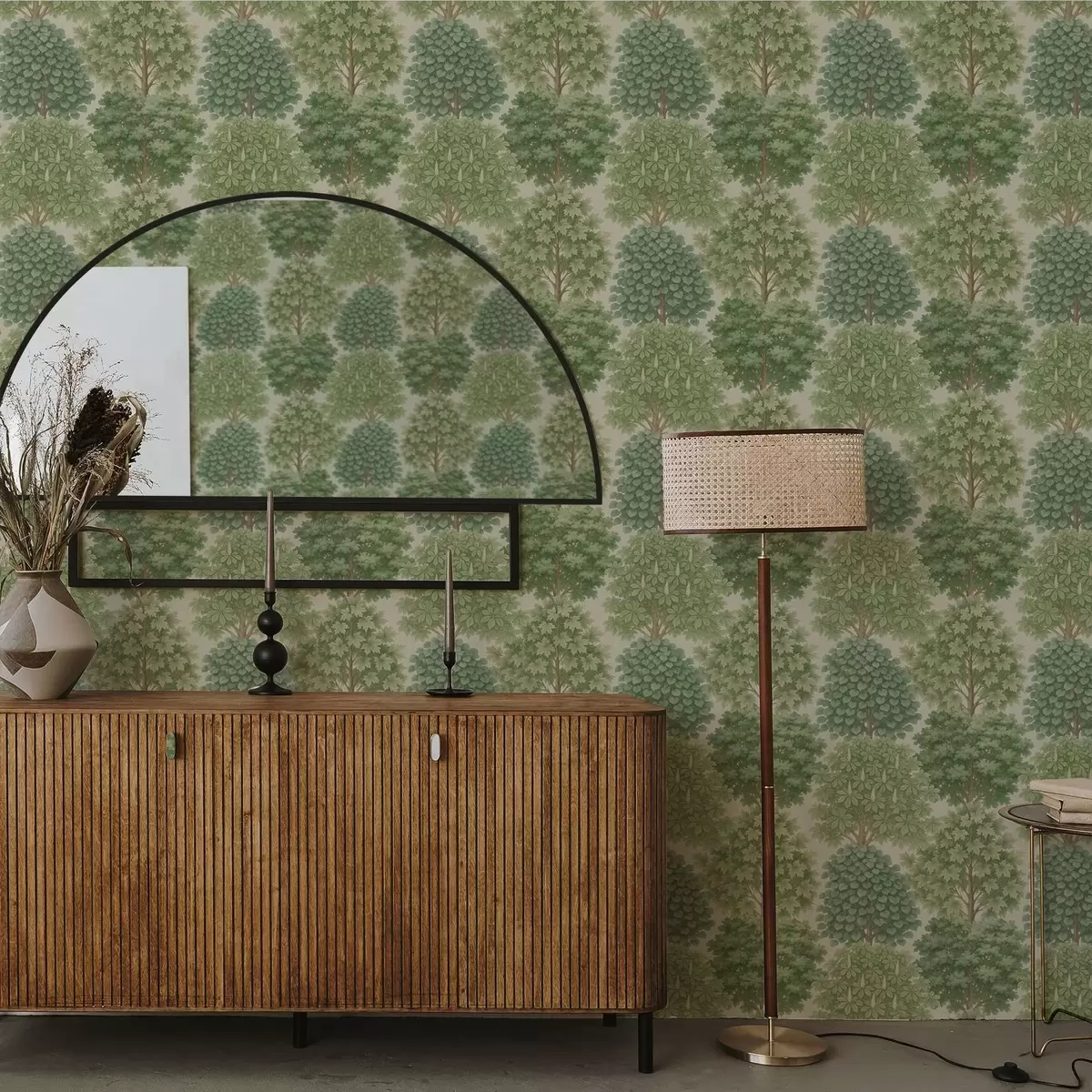 Tapety Stromová záhrada v jemných zelených odtieňoch na svetlom pozadí a00775