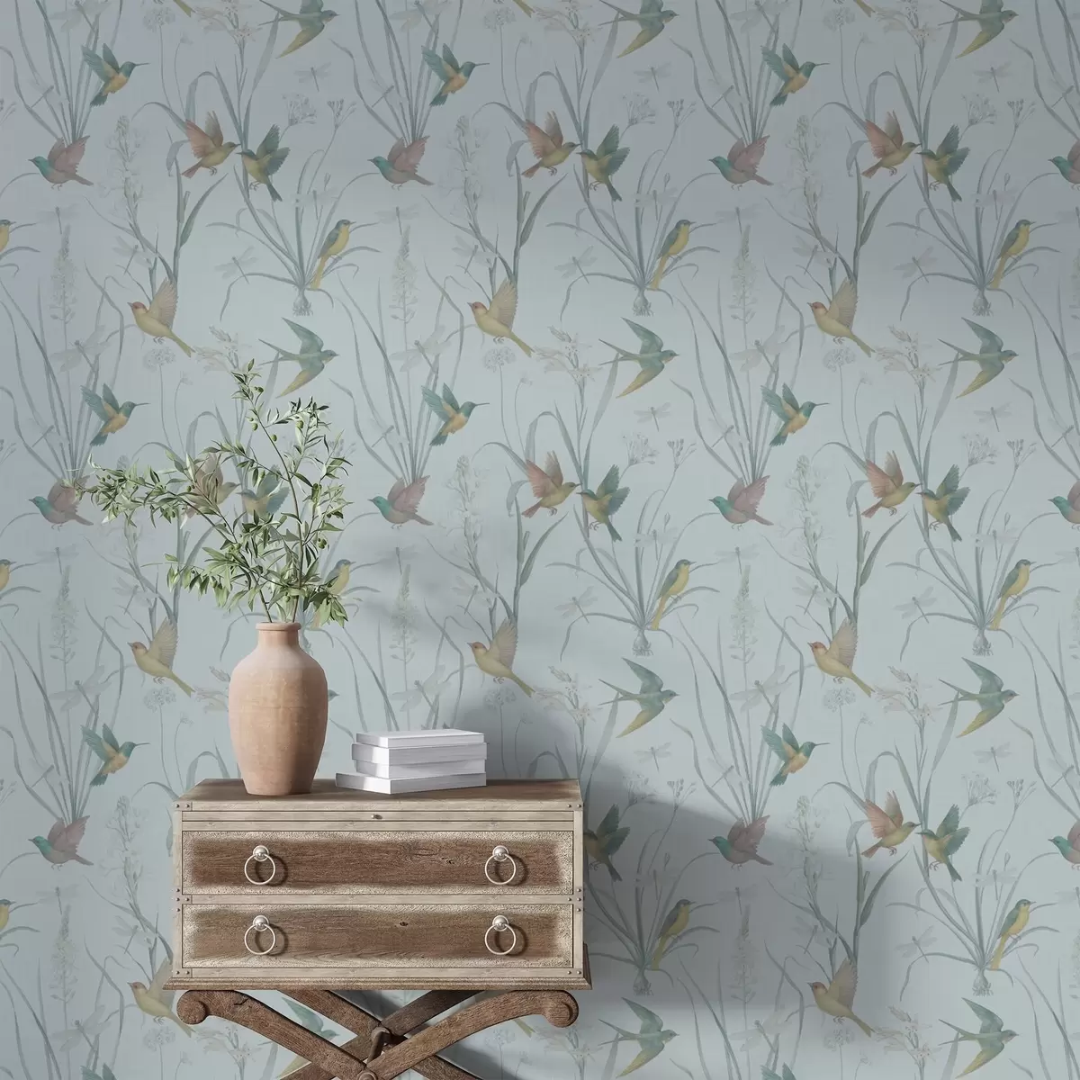 Tapety Vtáky medzi lúkovými trávami na šedo-modrom pozadí a00776