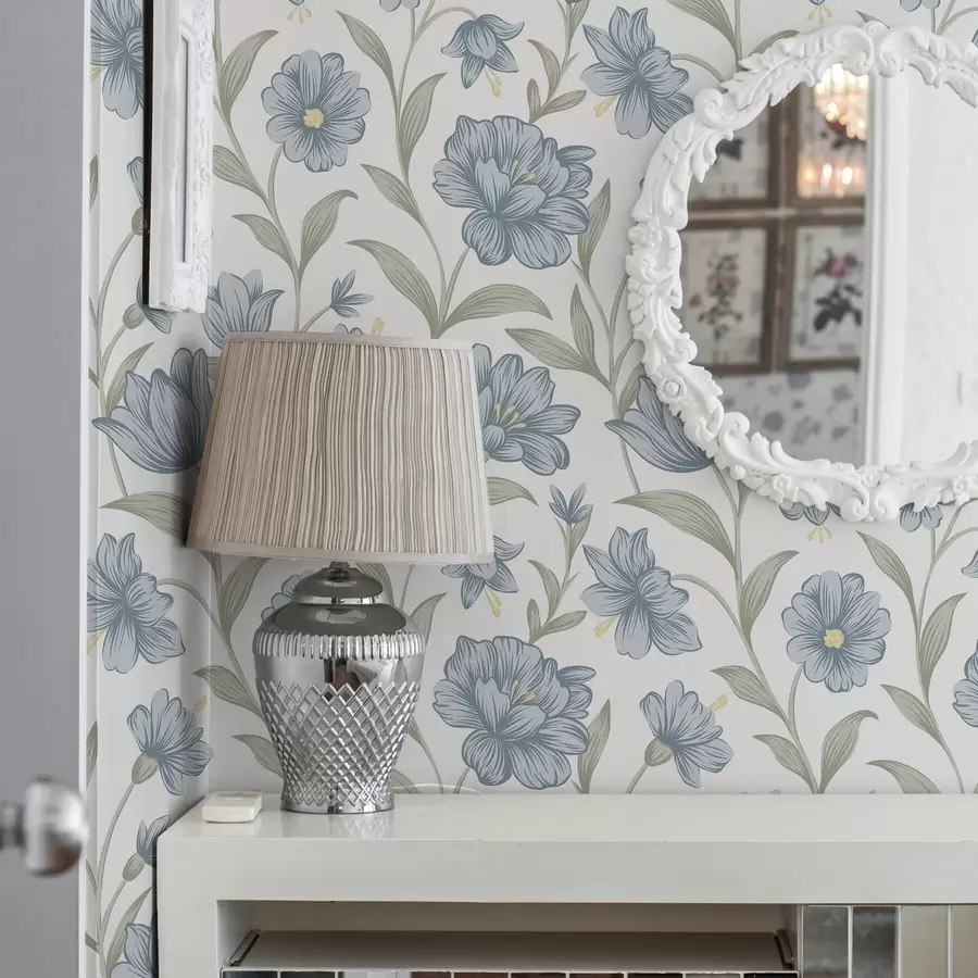 Fototapety Zaprášené modré kvety s olivovými listami na bielom pozadí a00780