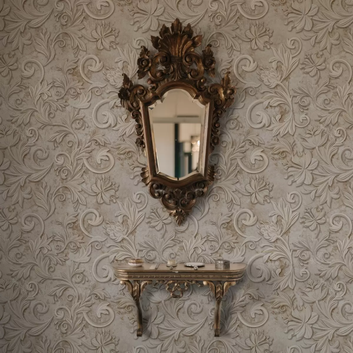 Tapety Kamenný reliéf s kvetinovými ornamentmi, vintage béžová farba a00784