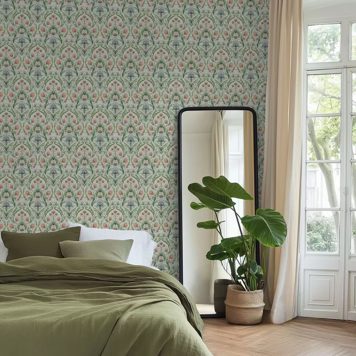 Tapety Symetrický kvetinový ornament, mätovo-krémová farebná paleta a00827v1