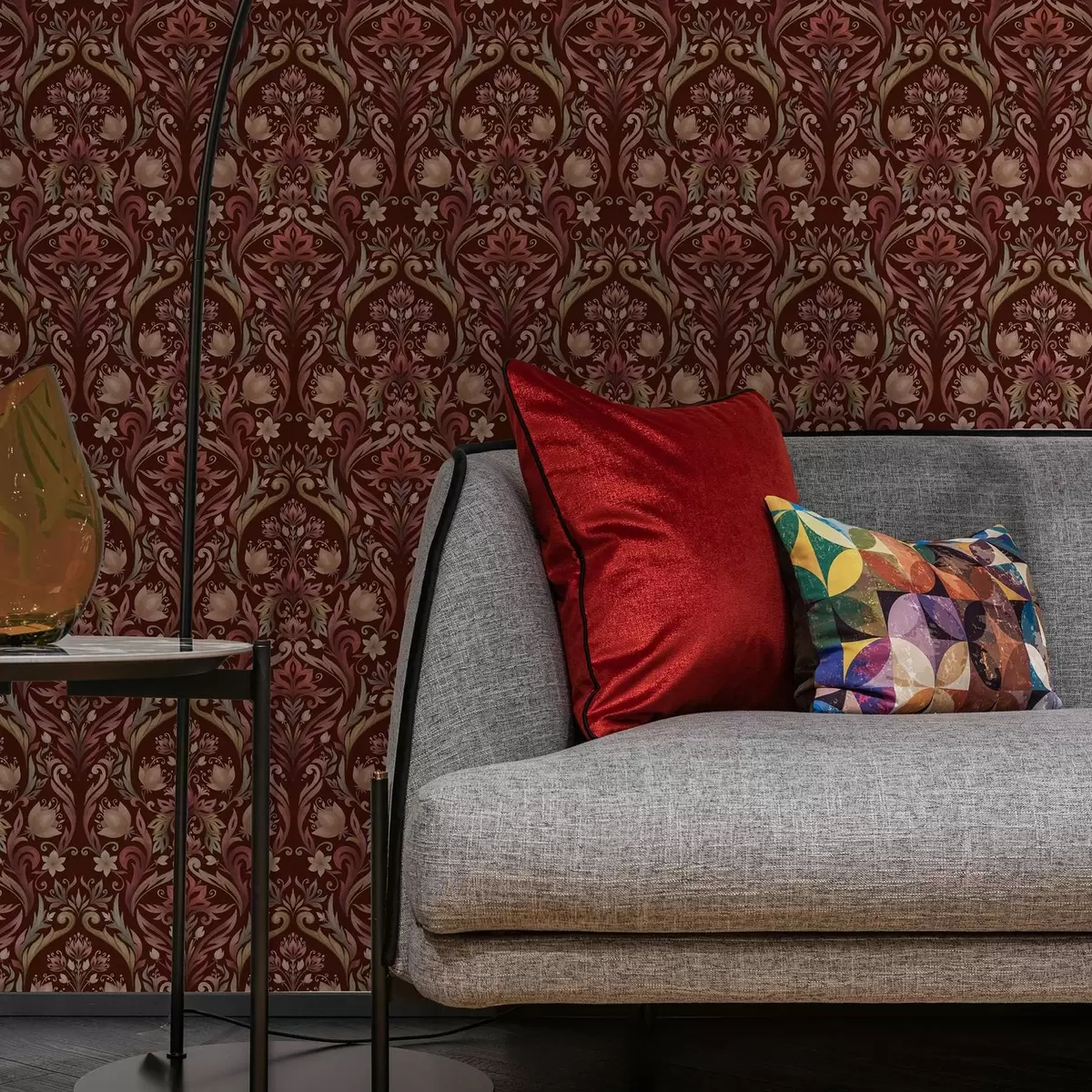 Tapety Tulipánový ornament, bohatý bordový podklad a00827v2