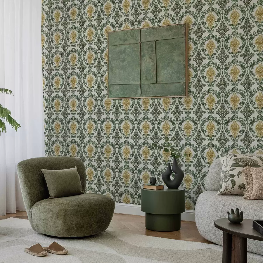 Fototapety Damašek so zelenými špirálami na svetlom pozadí a00828v1