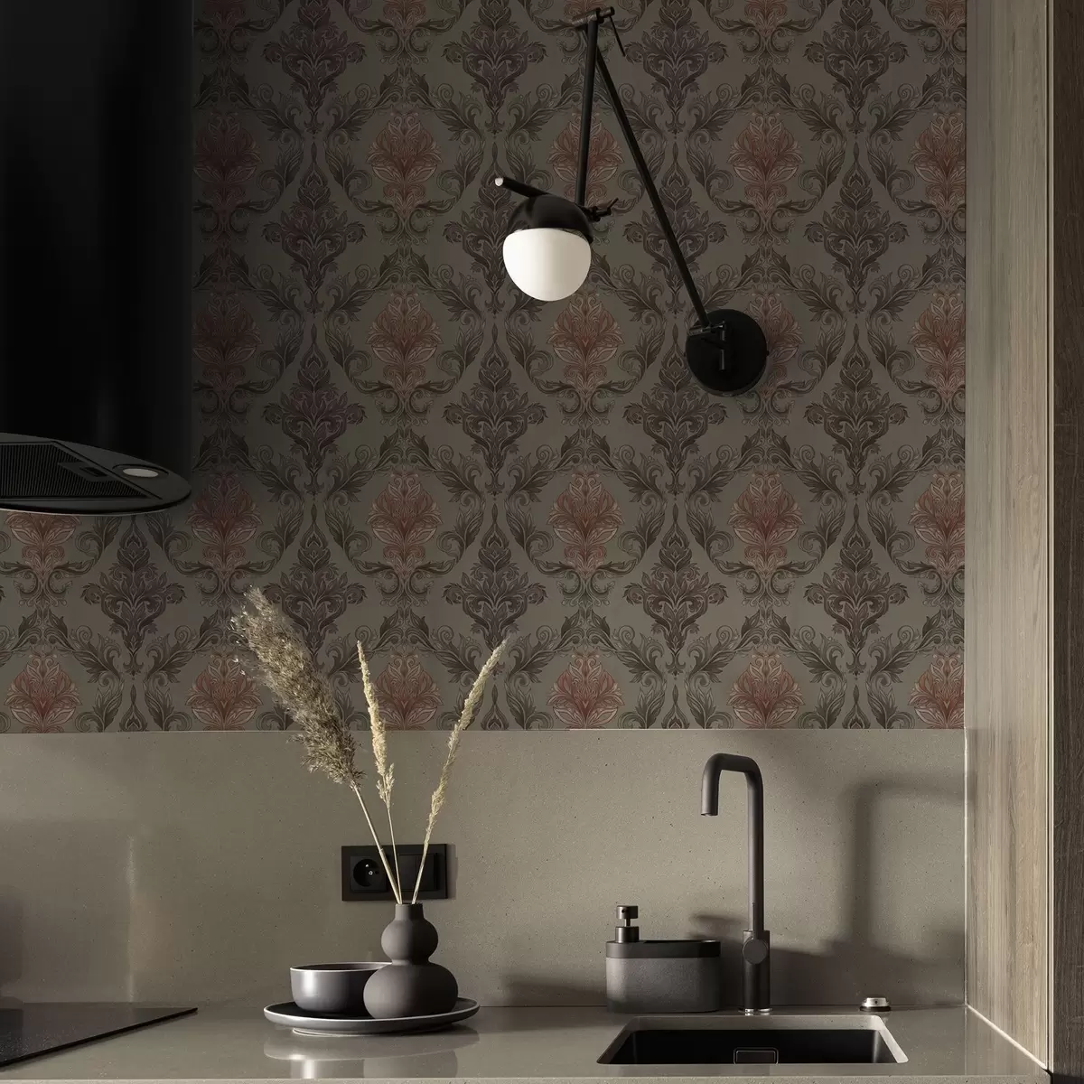 Tapety Terakotový damašek na tlmenom olivovom podklade a00828v3