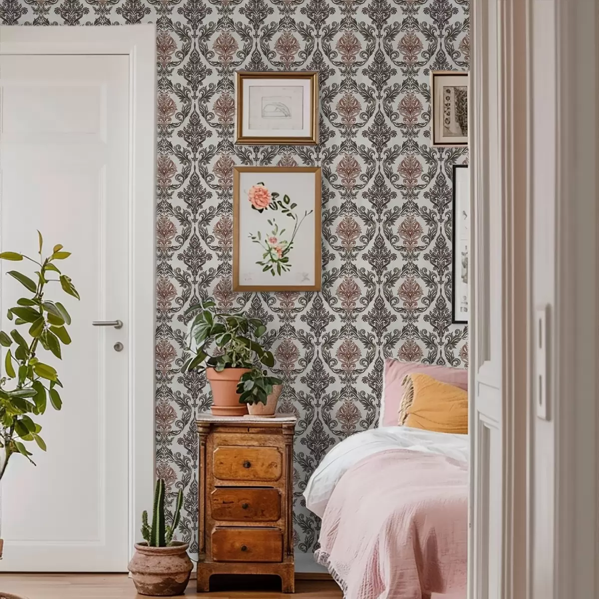 Tapety Damašek s medeno-hnedými akcentmi na svetlom podklade a00828v4