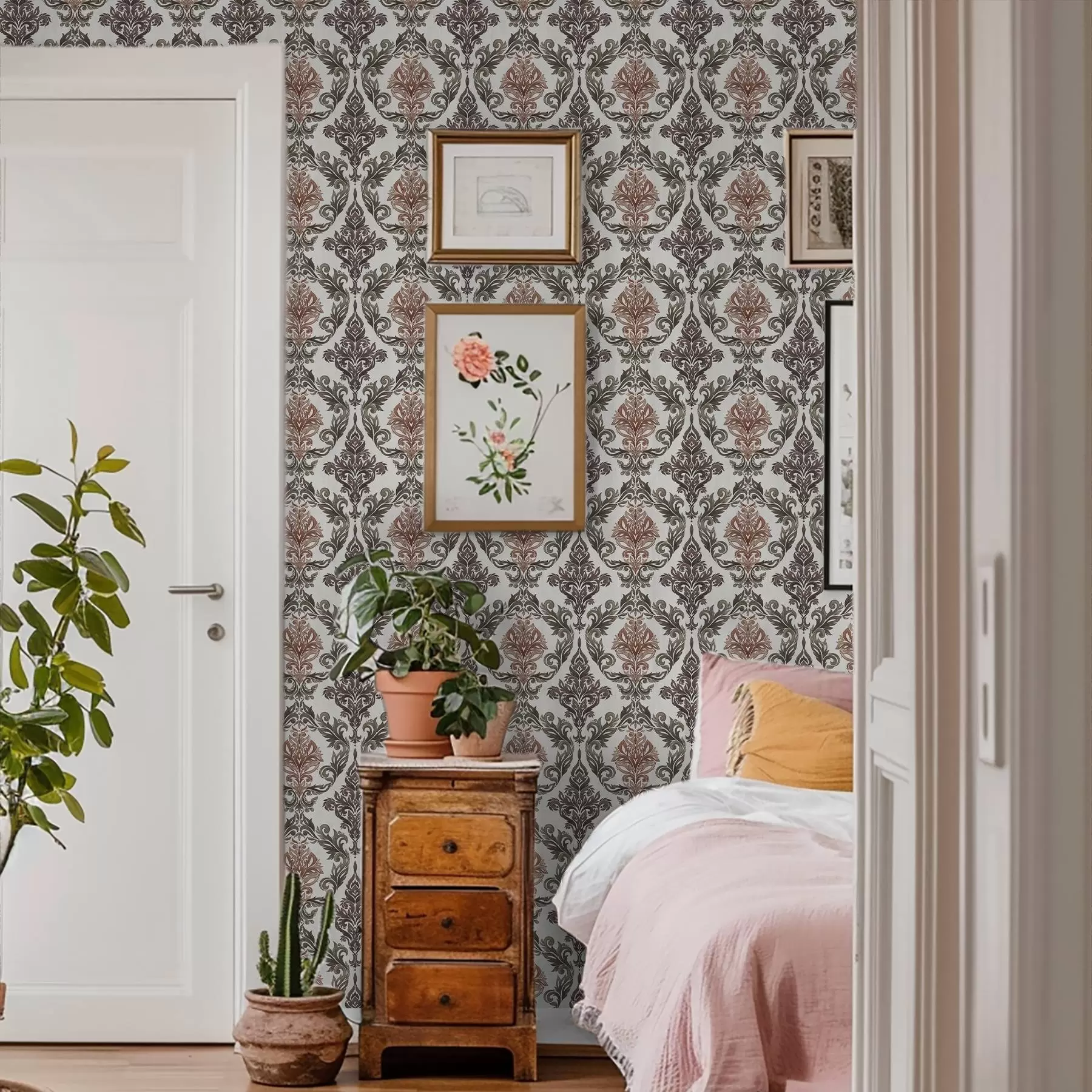 Fototapety Damašek s medeno-hnedými akcentmi na svetlom podklade a00828v4