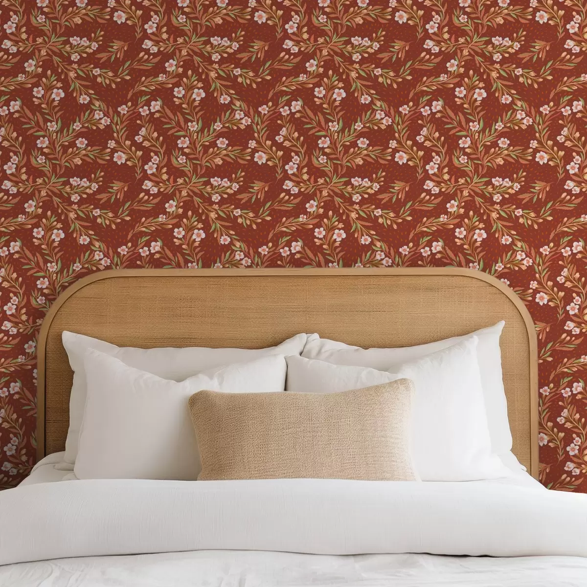 Tapety Rozsiahle vetvy s bielymi kvetmi na terakotovom pozadí a00850v1