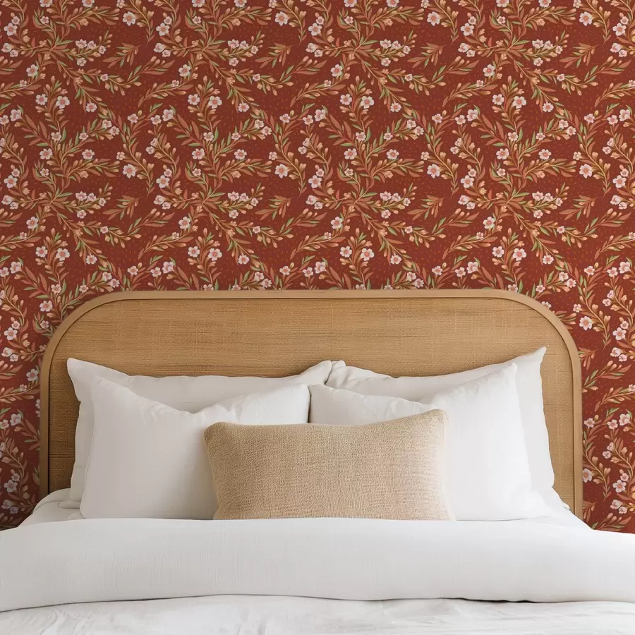 Fototapety Rozsiahle vetvy s bielymi kvetmi na terakotovom pozadí a00850v1