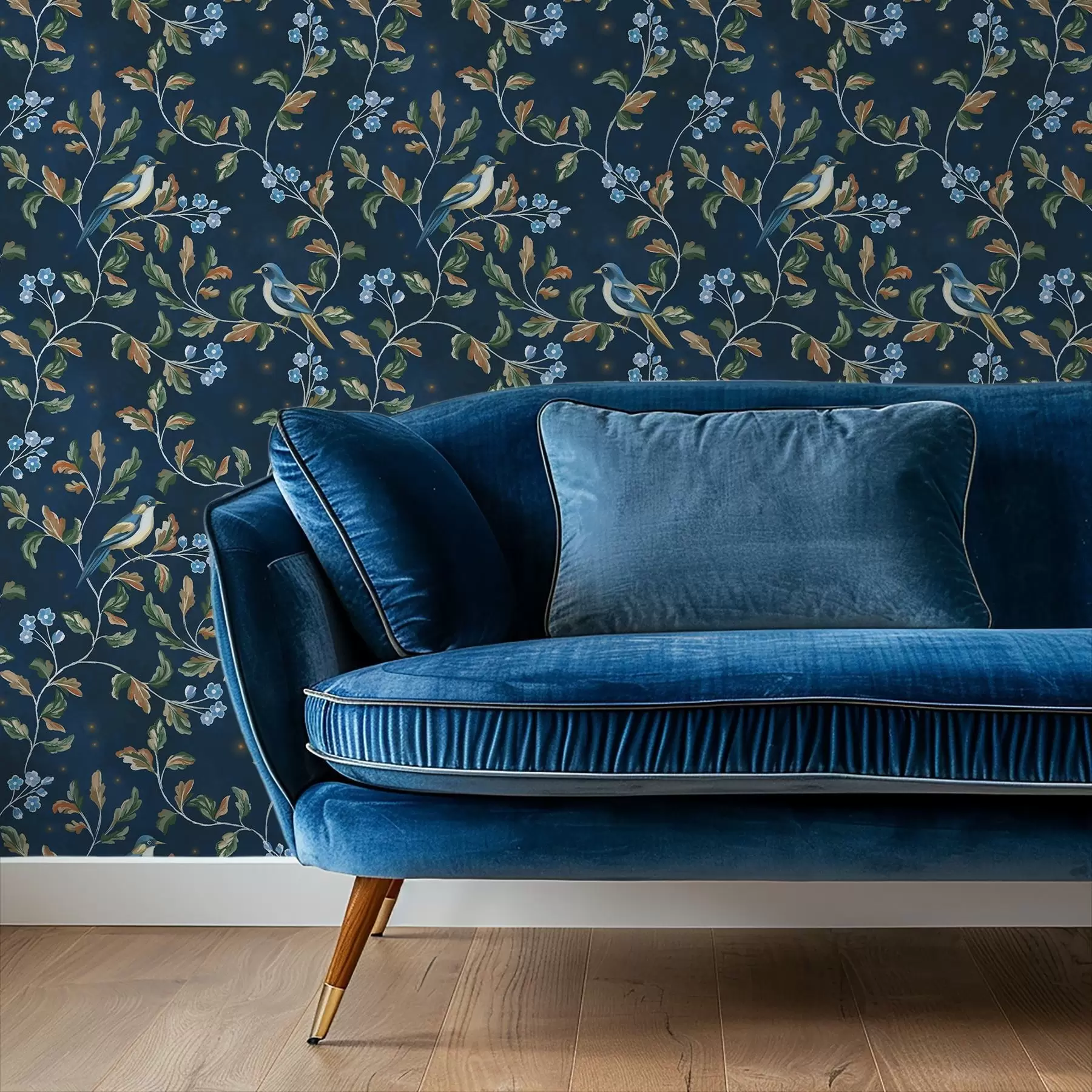 Fototapety Prsia na vetvách, nočné modré pozadie s iskrami a00858