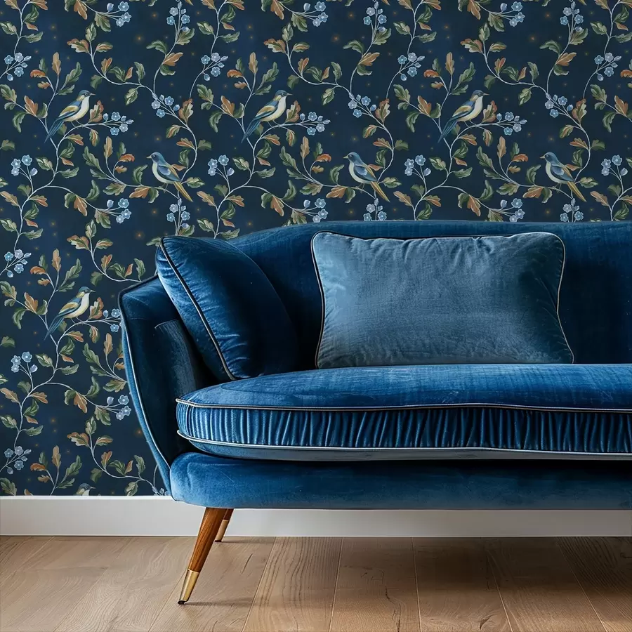 Fototapety Prsia na vetvách, nočné modré pozadie s iskrami a00858