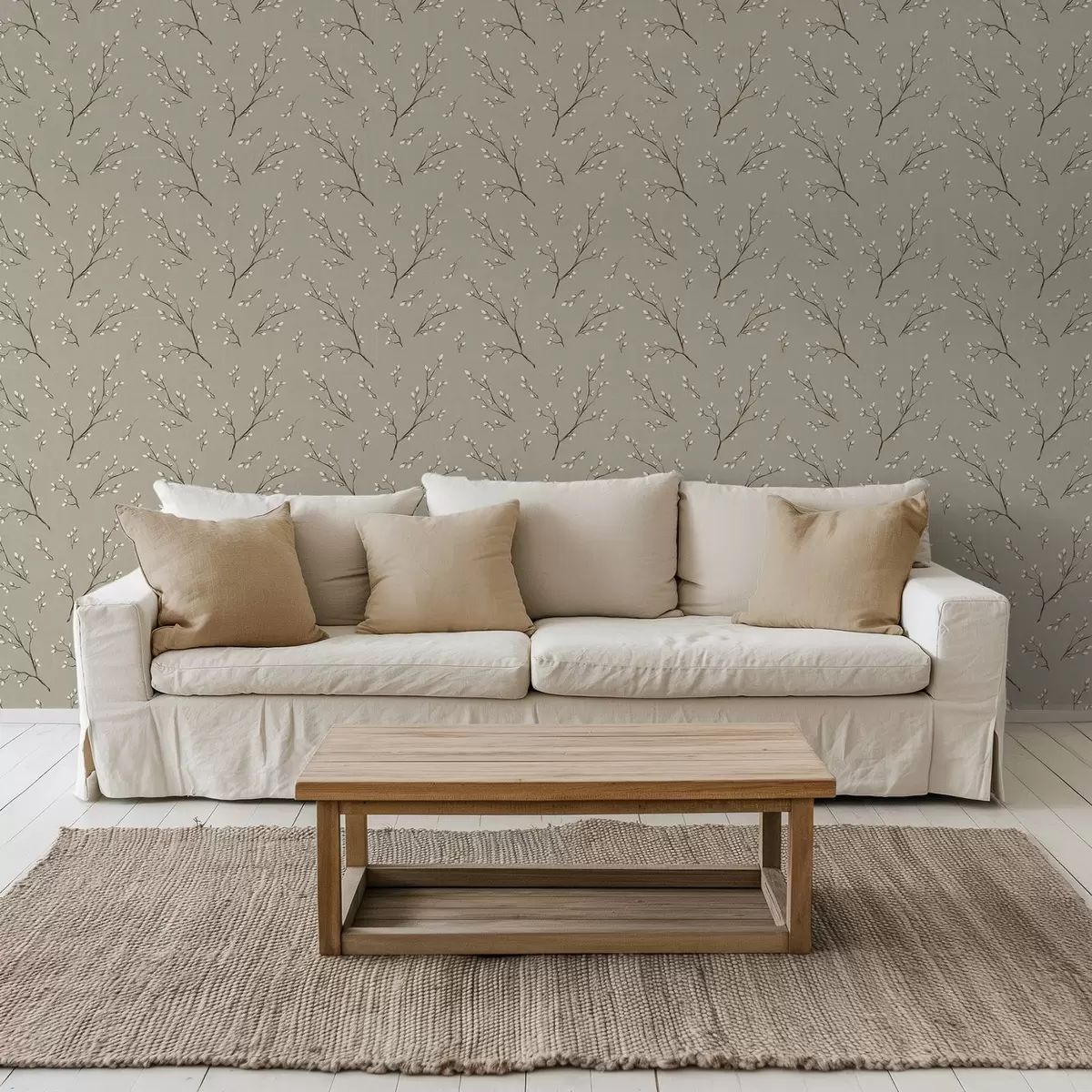 Fototapety Vetvičky s bielymi púčikmi na ľanovom taupe pozadí a00861