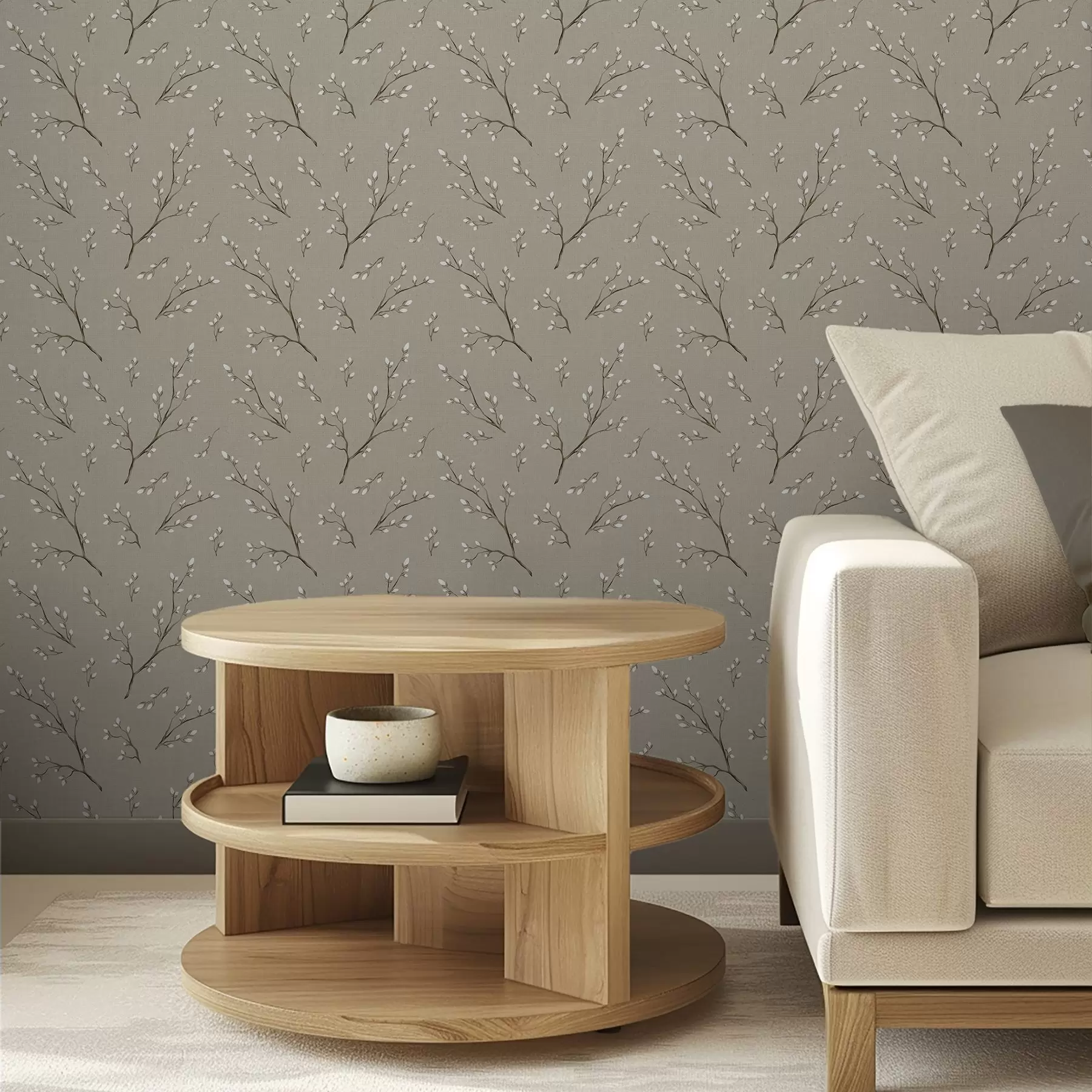 Fototapety Vetvičky s bielymi púčikmi na ľanovom taupe pozadí a00861