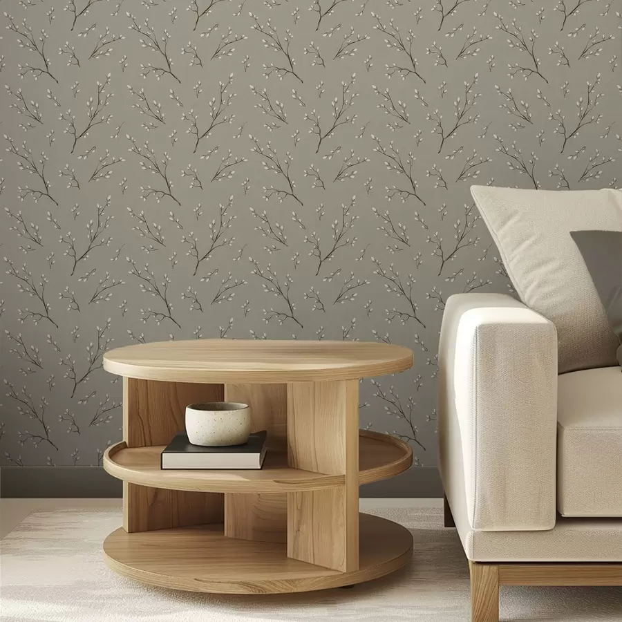 Fototapety Vetvičky s bielymi púčikmi na ľanovom taupe pozadí a00861