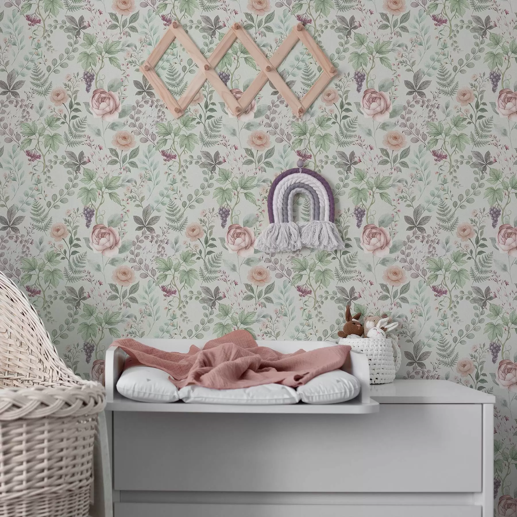 Fototapety Pastelová záhrada s ružami, papradím a hrozno a00867