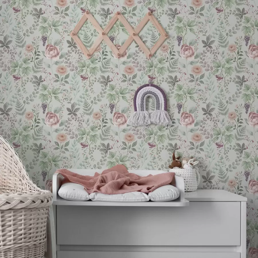 Fototapety Pastelová záhrada s ružami, papradím a hrozno a00867