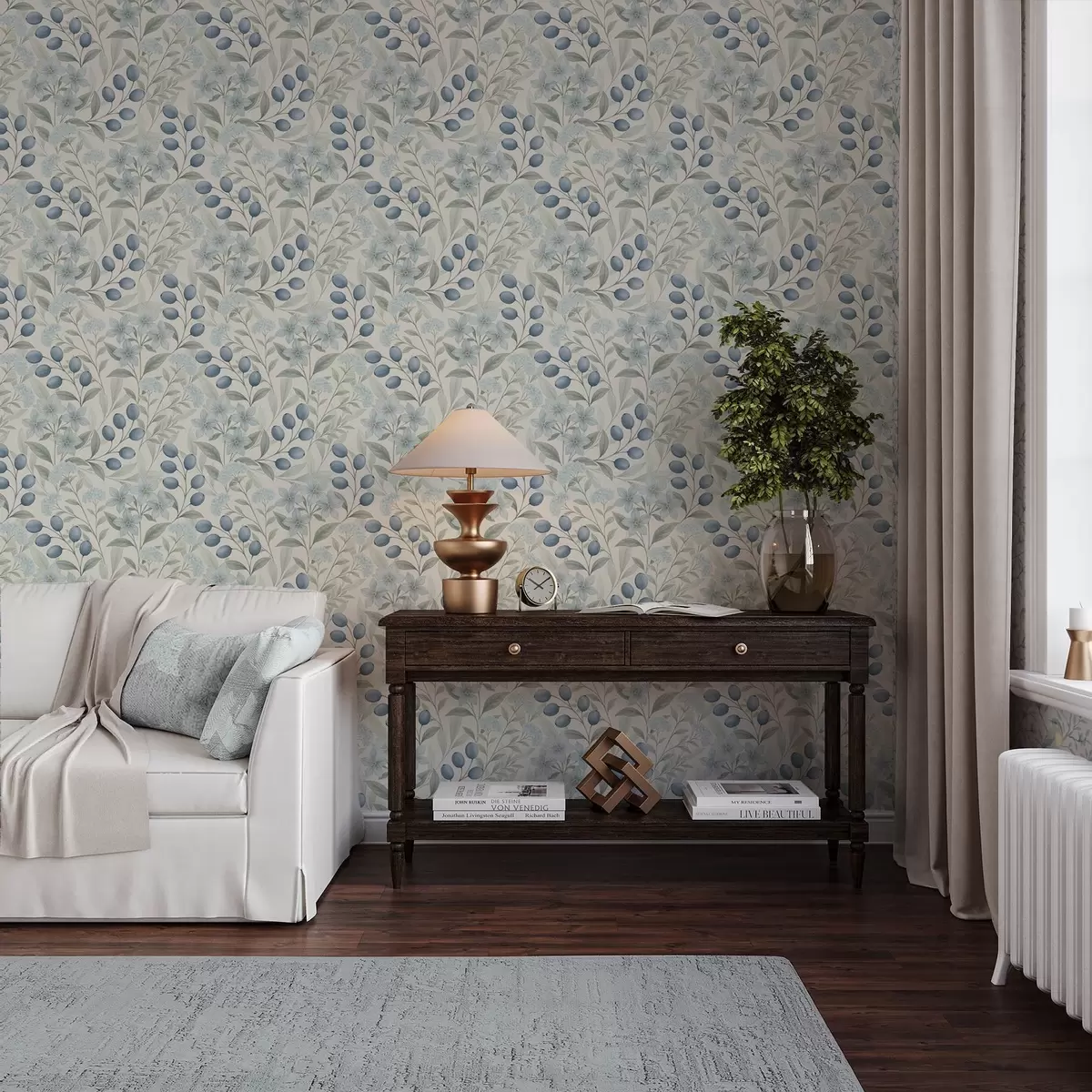 Fototapety Modré bobule a svetlé kvety na slonovinovej farbe a00872