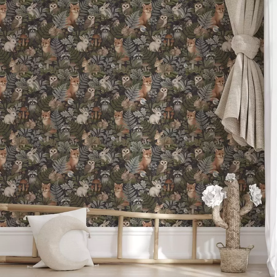 Fototapety Lesné zvieratá a paprade na tmavom uhlí a00880