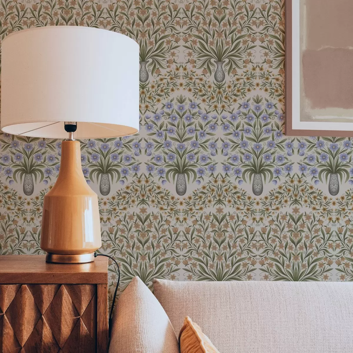 Fototapety Ľudové vázy s modrými kvetmi a olivovými listami na ružovom podklade a00900