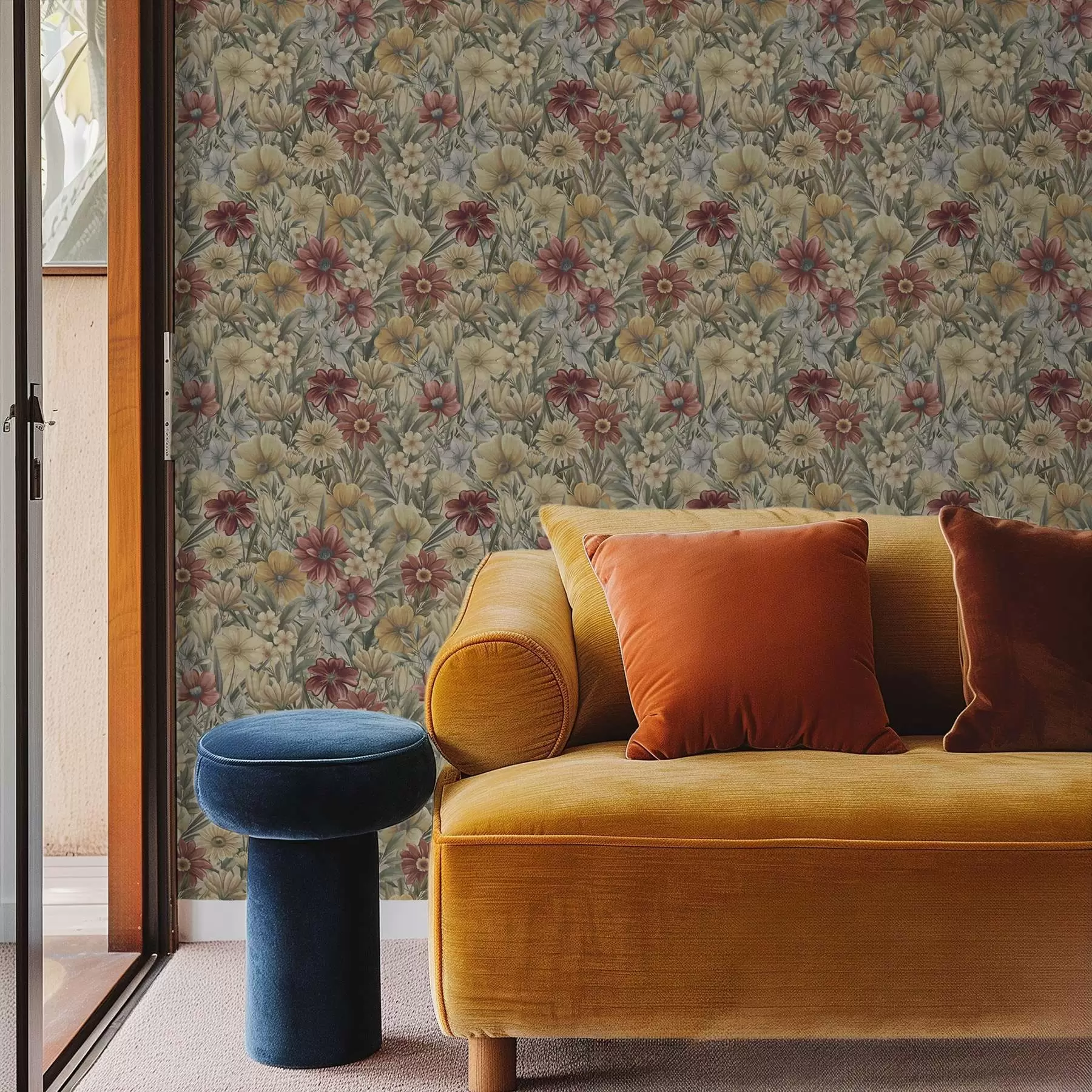 Fototapety Vintage lúka kvitne v teplých odtieňoch žltej, červenej a šalvie a00906