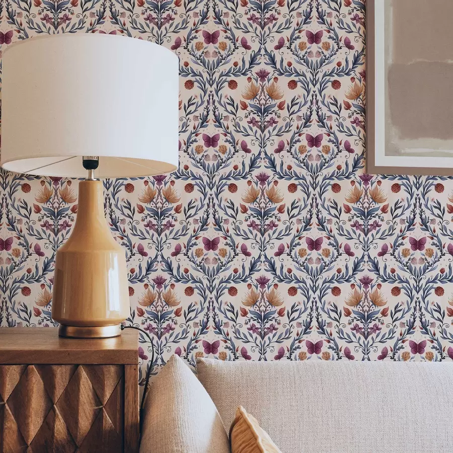 Fototapety Kvetinový damask s motýľmi na jemnom broskyňovom pozadí a00926