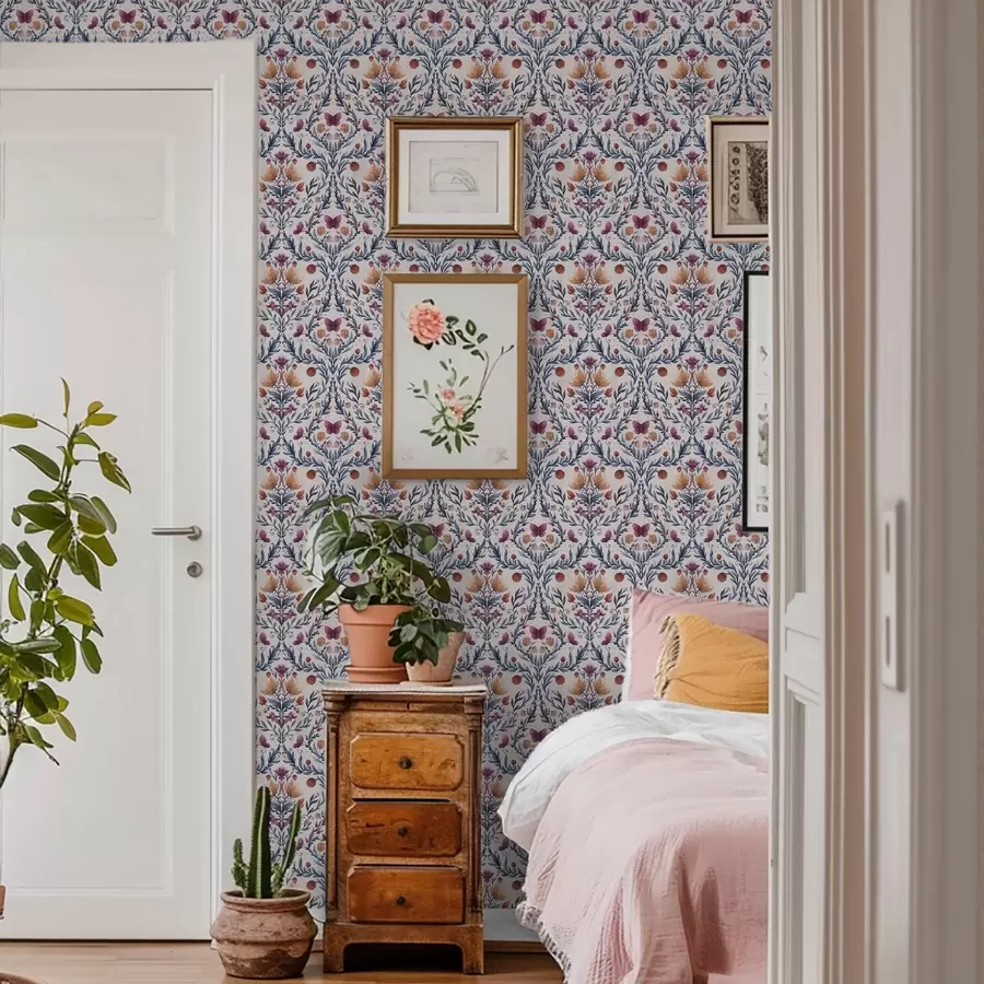 Fototapety Kvetinový damask s motýľmi v tmavomodrej a terakotovej farbe na bielom podklade a00926v1