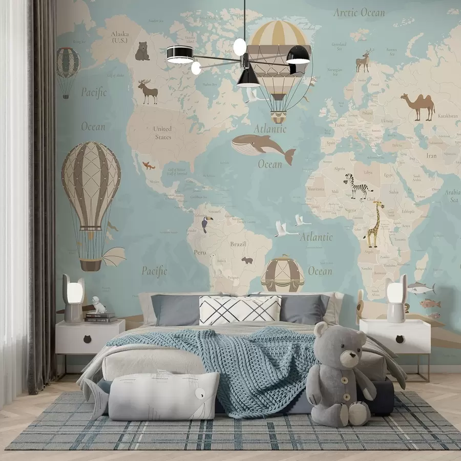 Fototapety Detská mapa sveta so zvieratami, lietadlami a teplovzdušnými balónmi. V anglickom jazyku. Modrá farba. c00003env1