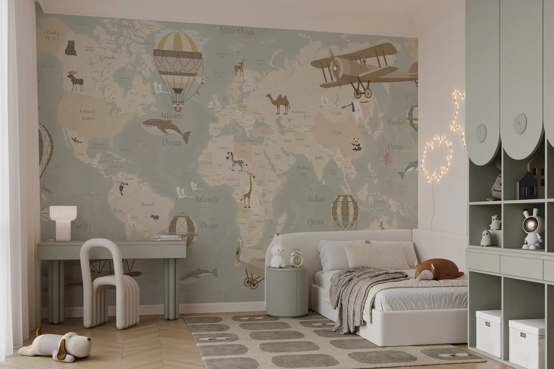 Fototapety Svetová mapa pre deti so zvieratami, lietadlami a teplovzdušnými balónmi. Španielsky jazyk. Béžová farba. c00003es