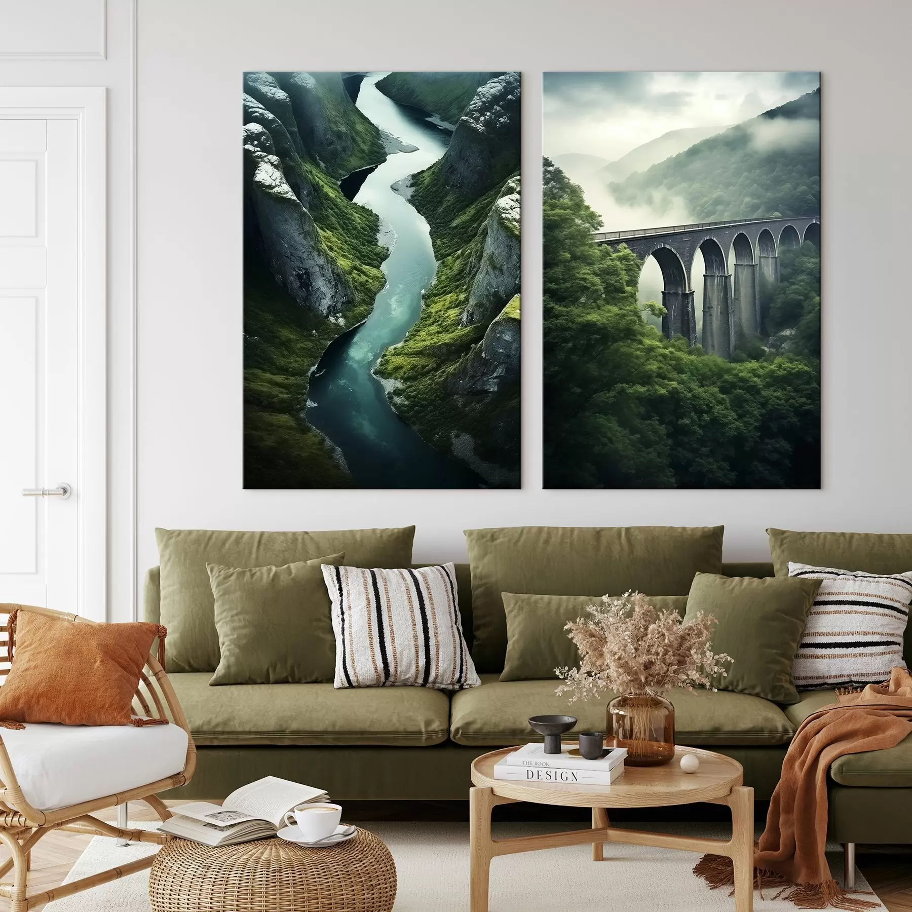 Obraz Vzdušný riečny kaňon a hmlistý viadukt v zelených kopcoch m00967