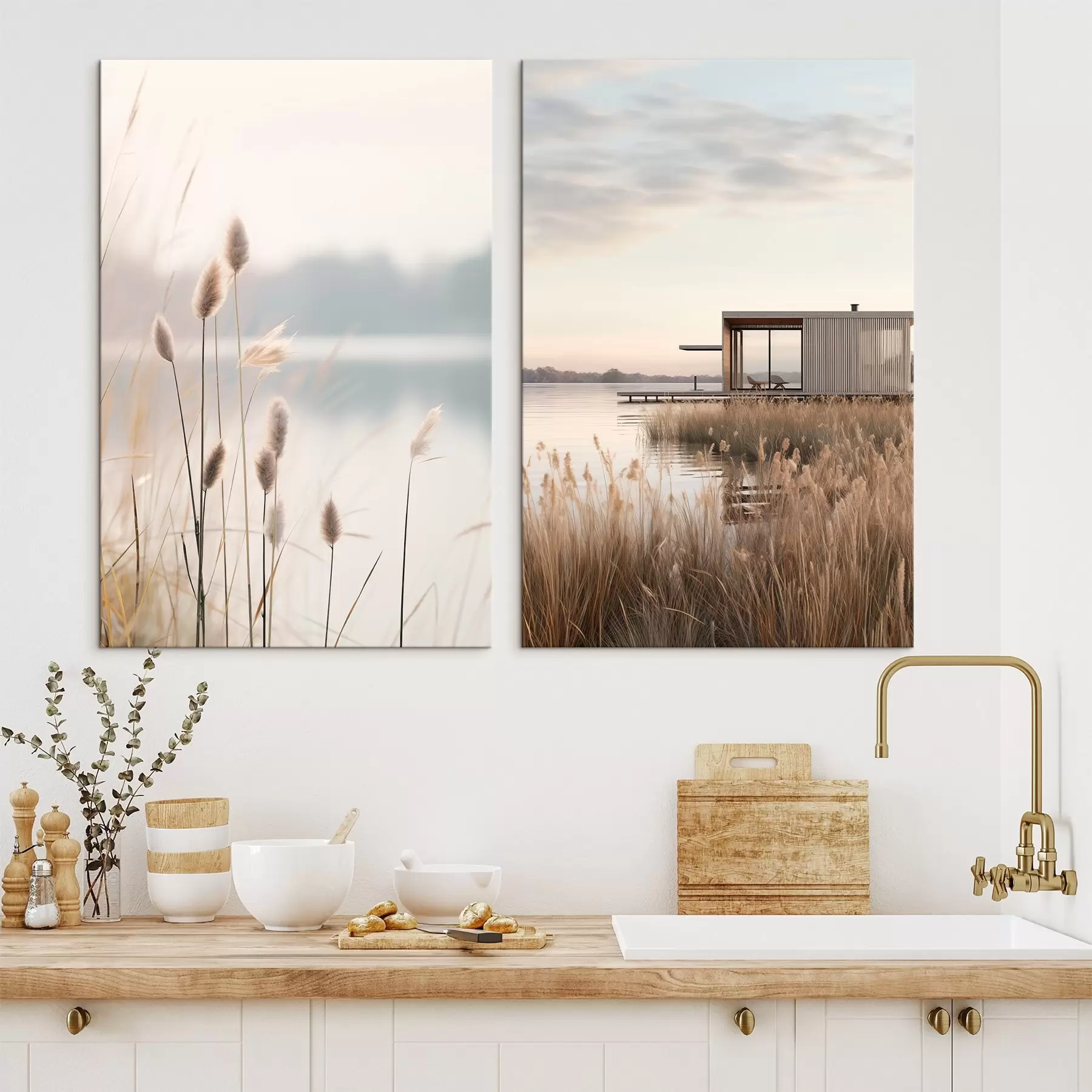 Obraz Mäkké trstiny pri pokojnom jazere a moderná chata na brehu m00970