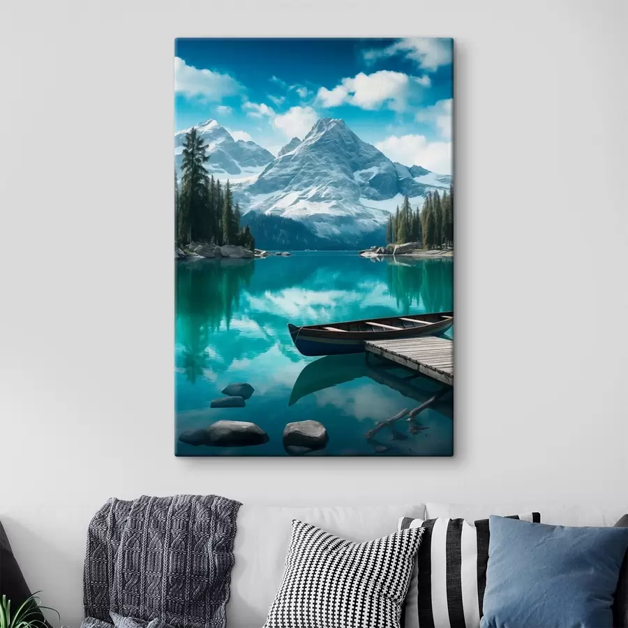 Obraz Alpské jazero s kanoe a zasneženými vrcholmi s46481