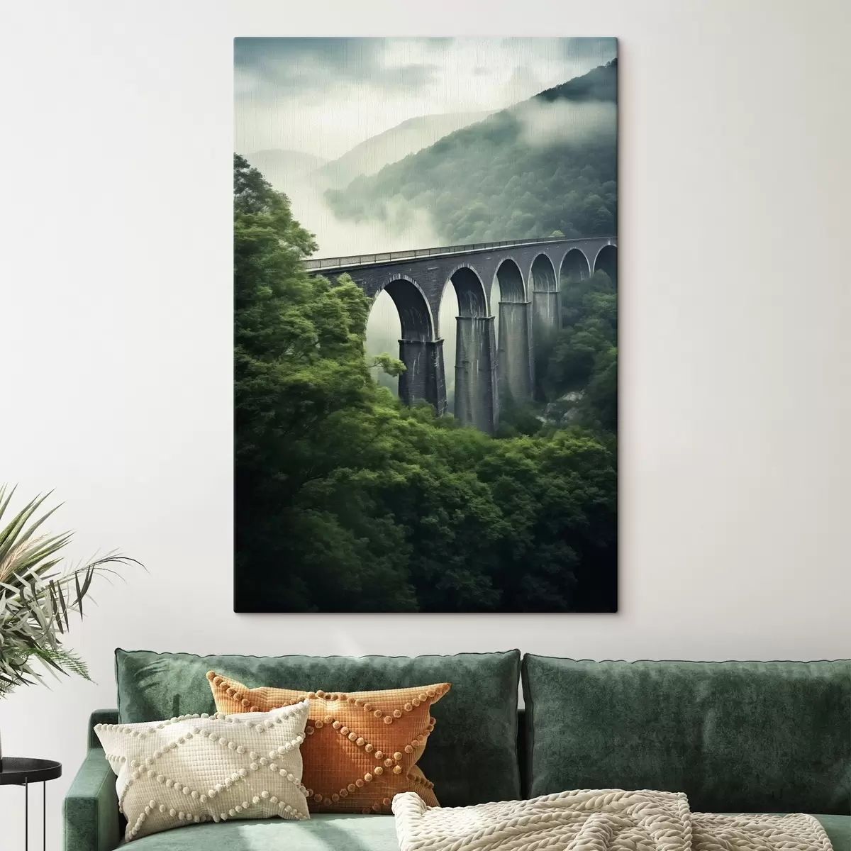 Obraz Kamenný viadukt nad hmlistou zalesnenou dolinou s46483