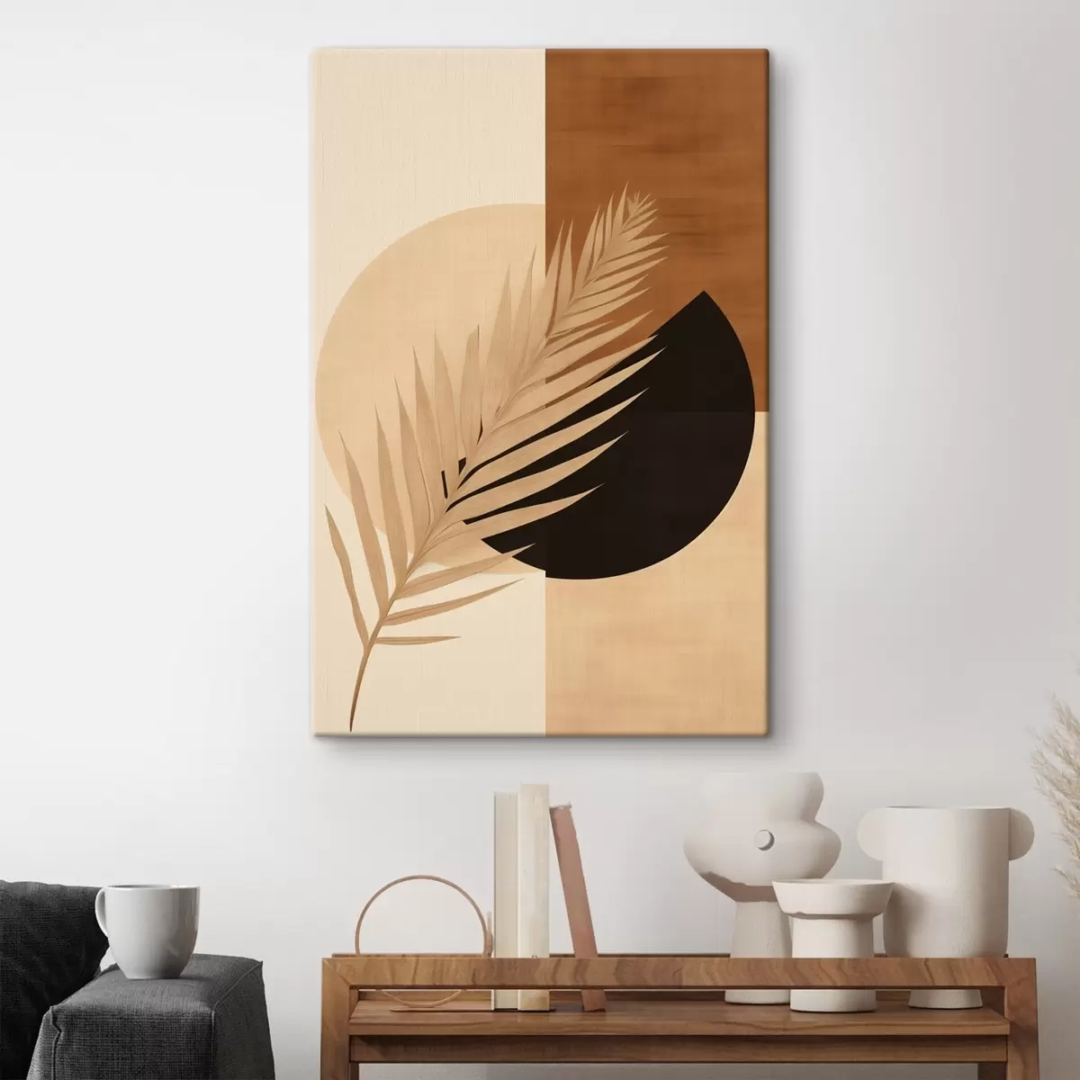 Obraz Palmová listová geometria na terakote a smotanovej farbe s46490