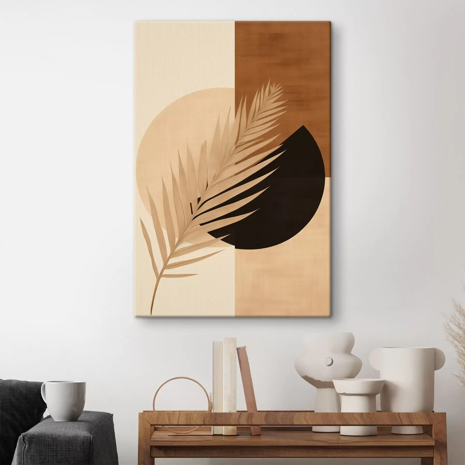Obraz Palmová listová geometria na terakote a smotanovej farbe s46490