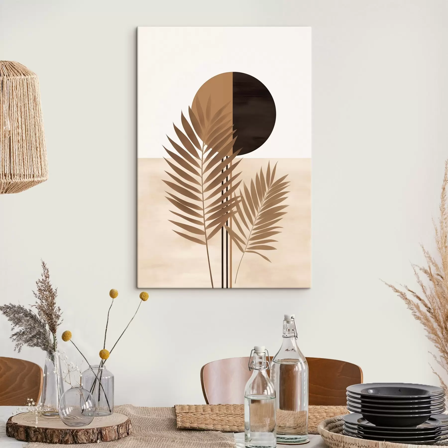 Obraz Dve palmové listy s motívom rozdeleného kruhu slnka s46491