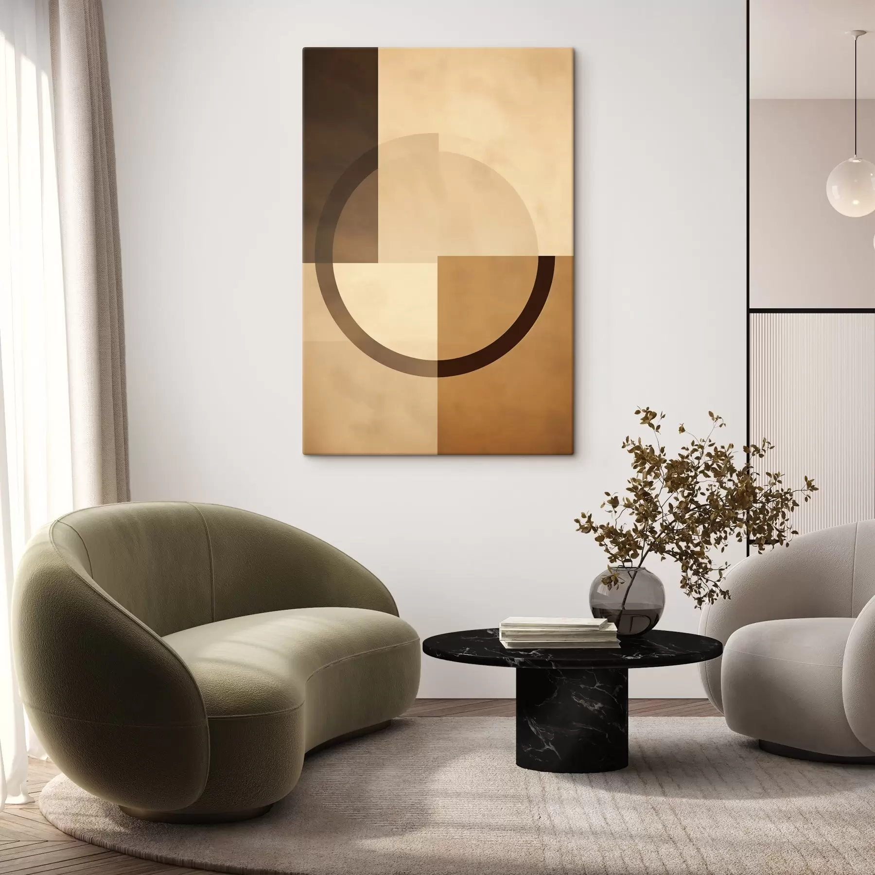 Obraz Tlmené štvorce s priehľadným prstencom, teplá zemitá paleta s46498