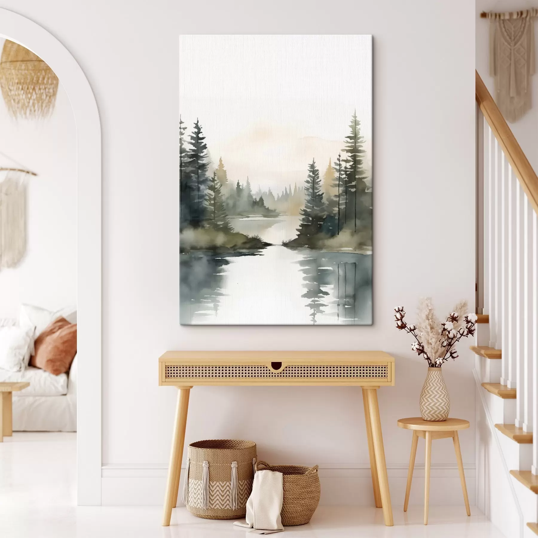 Obraz Hmlistý ihličnatý les nad pokojnou riekou, akvarelový štýl s46507