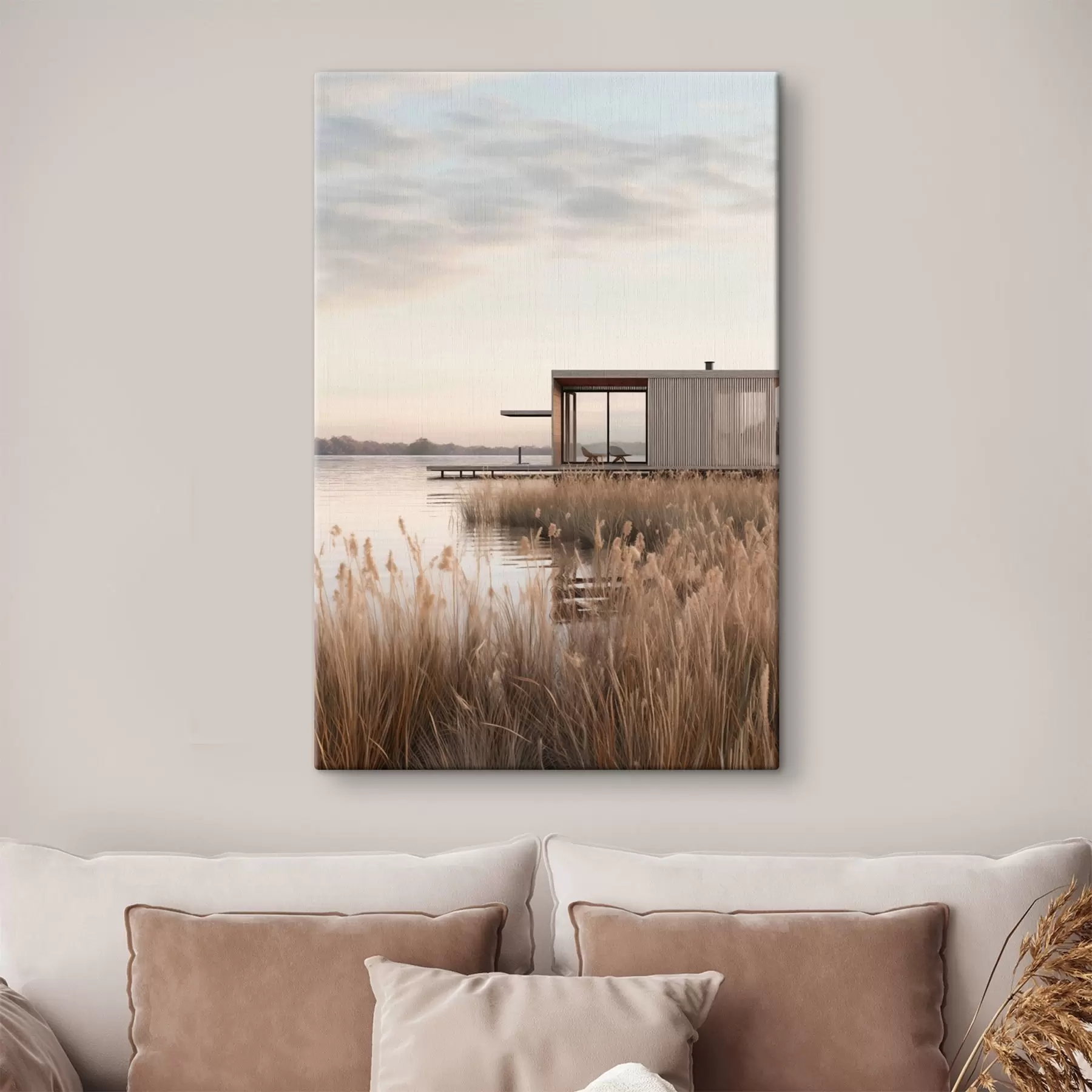 Obraz Moderná chata pri jazere medzi rákosím v jemnom súmraku s46513