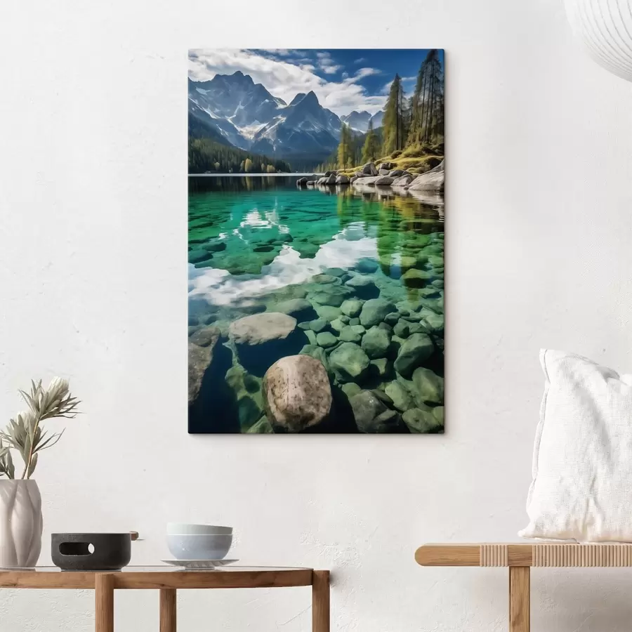 Obraz Smaragdové alpské jazero s skalami pod ním a vyvýšenými vrcholmi s46515