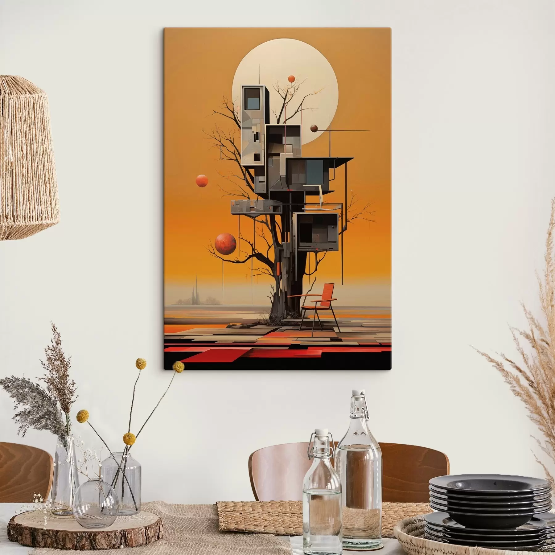 Obraz Surrealistický domček na strome na oranžovom pozadí s46526