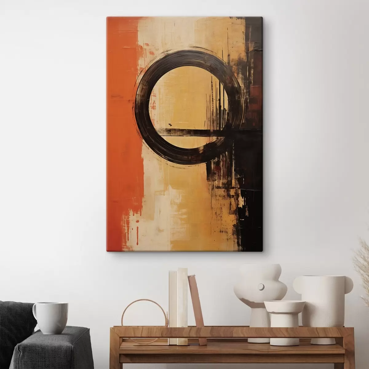 Obraz Abstraktný motív s čiernym prstencom na terakotovo-pieskovom pozadí s46529