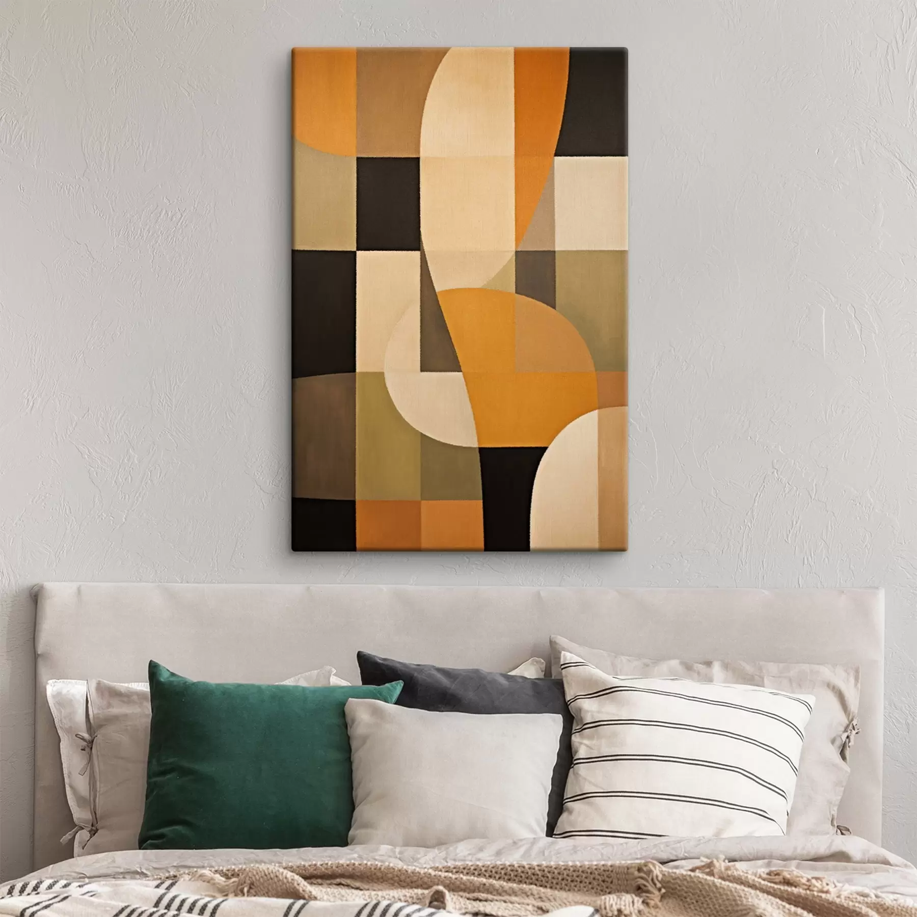 Obraz Patchwork z obdĺžnikov s hladkým oranžovým oblúkom s46534