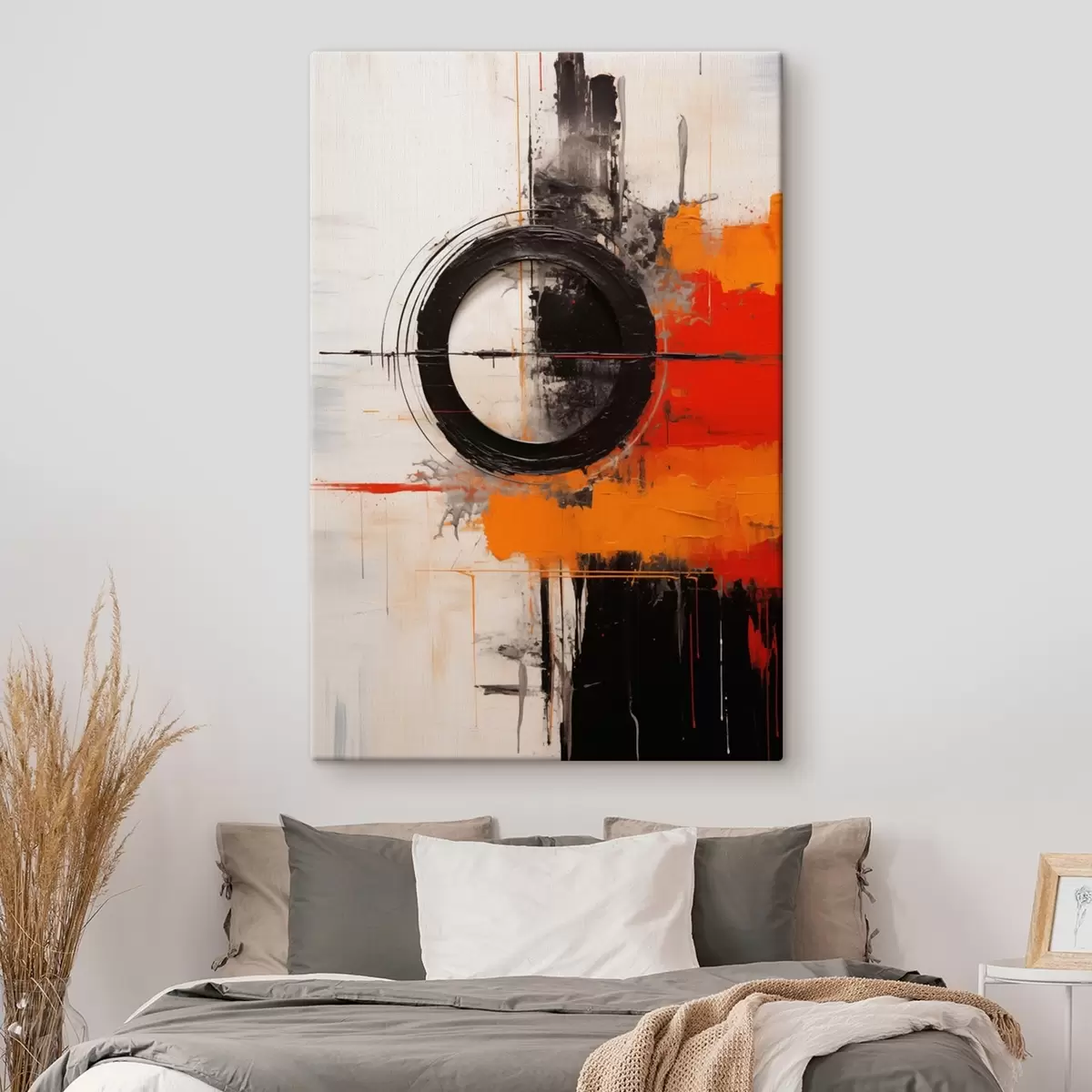 Obraz Čierny kruh na bielom pozadí, oranžové ťahy a škvrny s46549