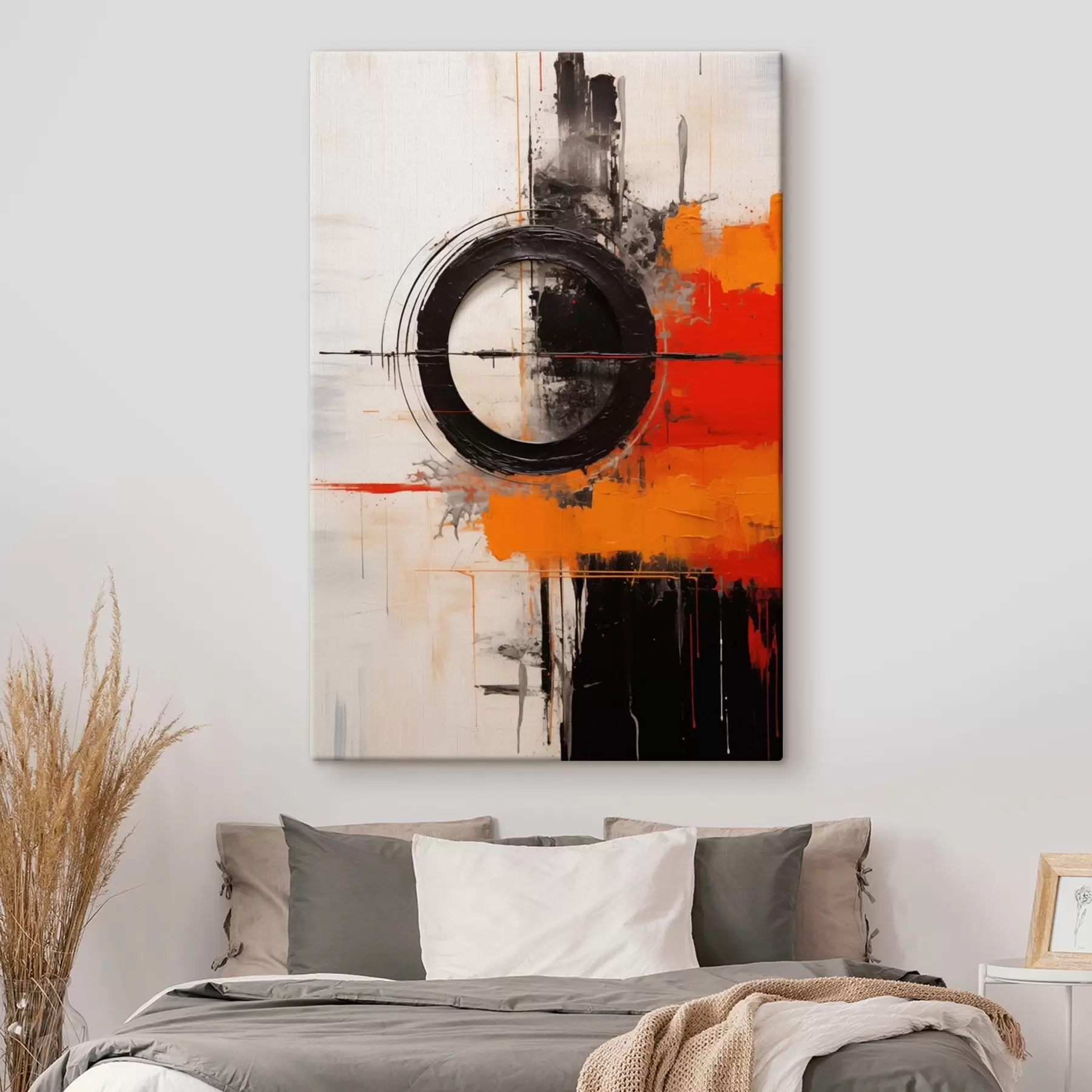 Obraz Čierny kruh na bielom pozadí, oranžové ťahy a škvrny s46549