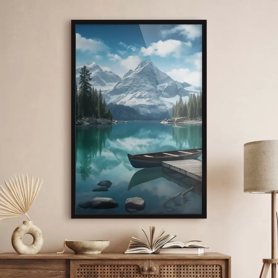 Fototapety Alpské jazero s kanoe a zasneženými vrcholmi f46481