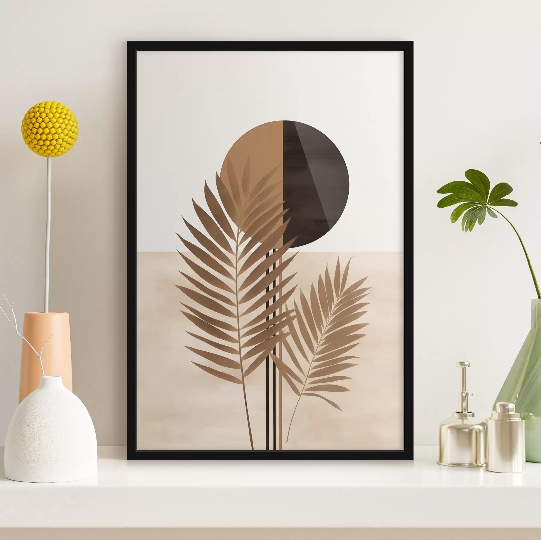 Fototapety Dve palmové listy s motívom rozdeleného kruhu slnka f46491